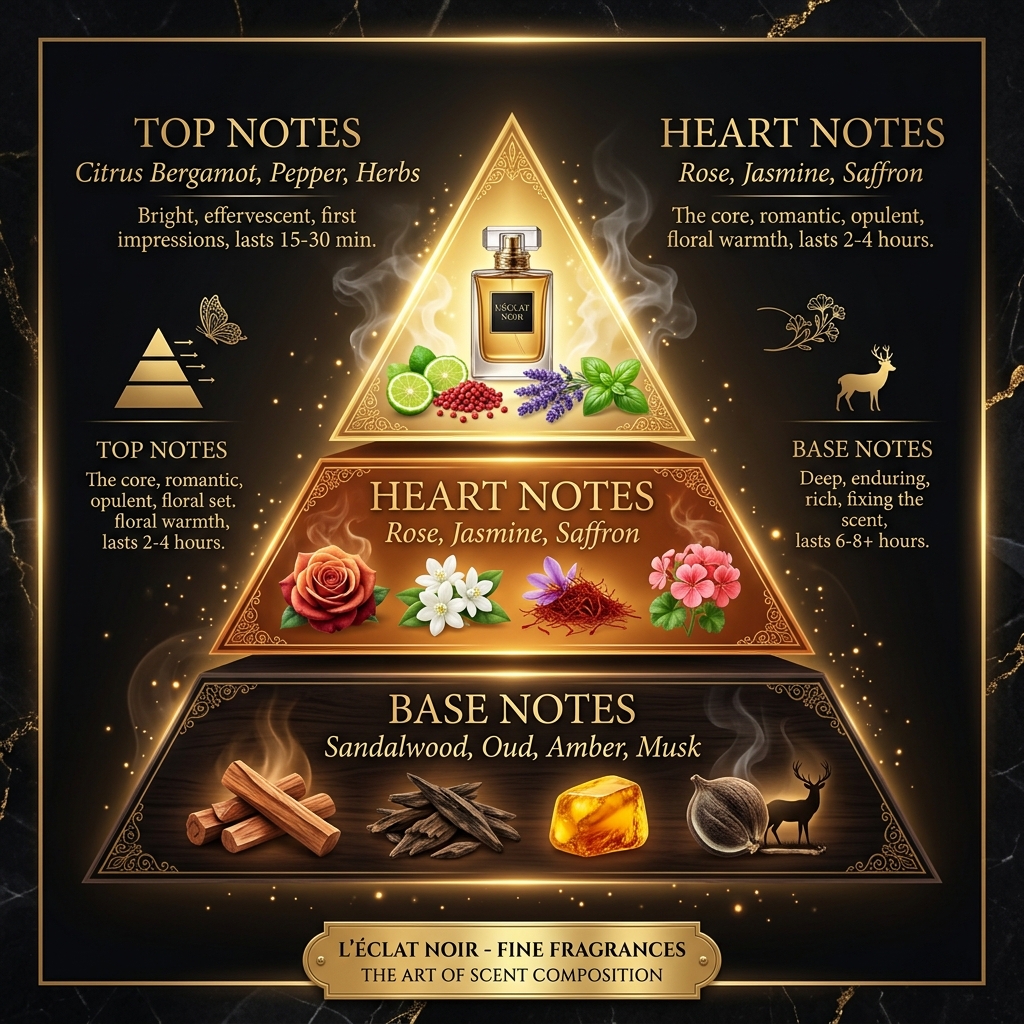 Eclipse fragrance pyramid — amber oud cardamom notes