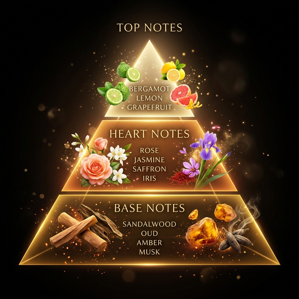 Fragrance pyramid showing top, heart, and base notes